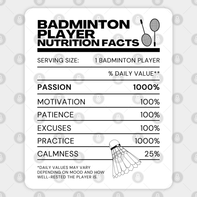 Badminton Player Nutrition Facts - Funny Memes Rackets Shuttlecock Magnet by Millusti